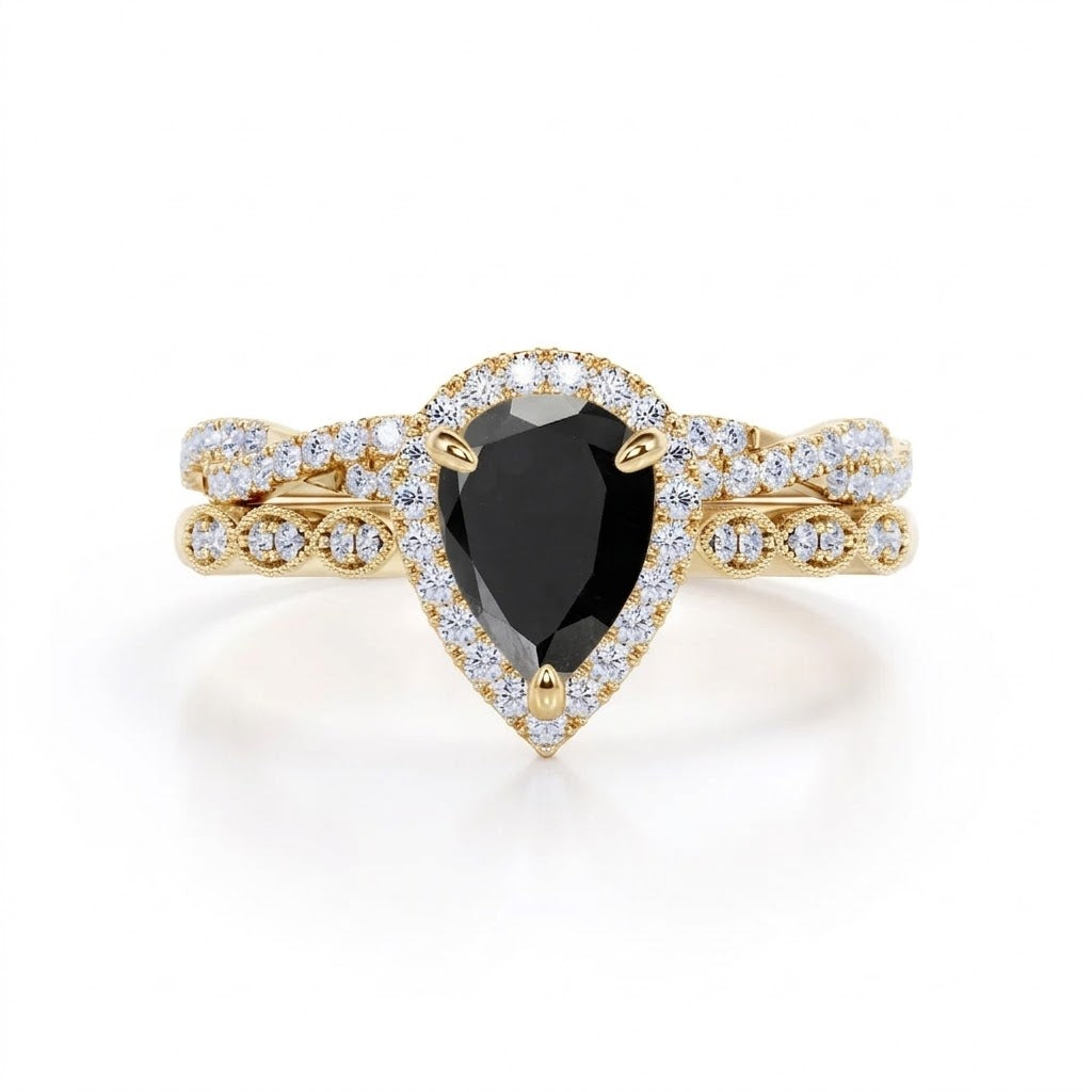 1.25 ct Pear Lab Black Diamond Art Deco Bridal Set