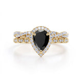 1.25 ct Pear Lab Black Diamond Art Deco Bridal Set