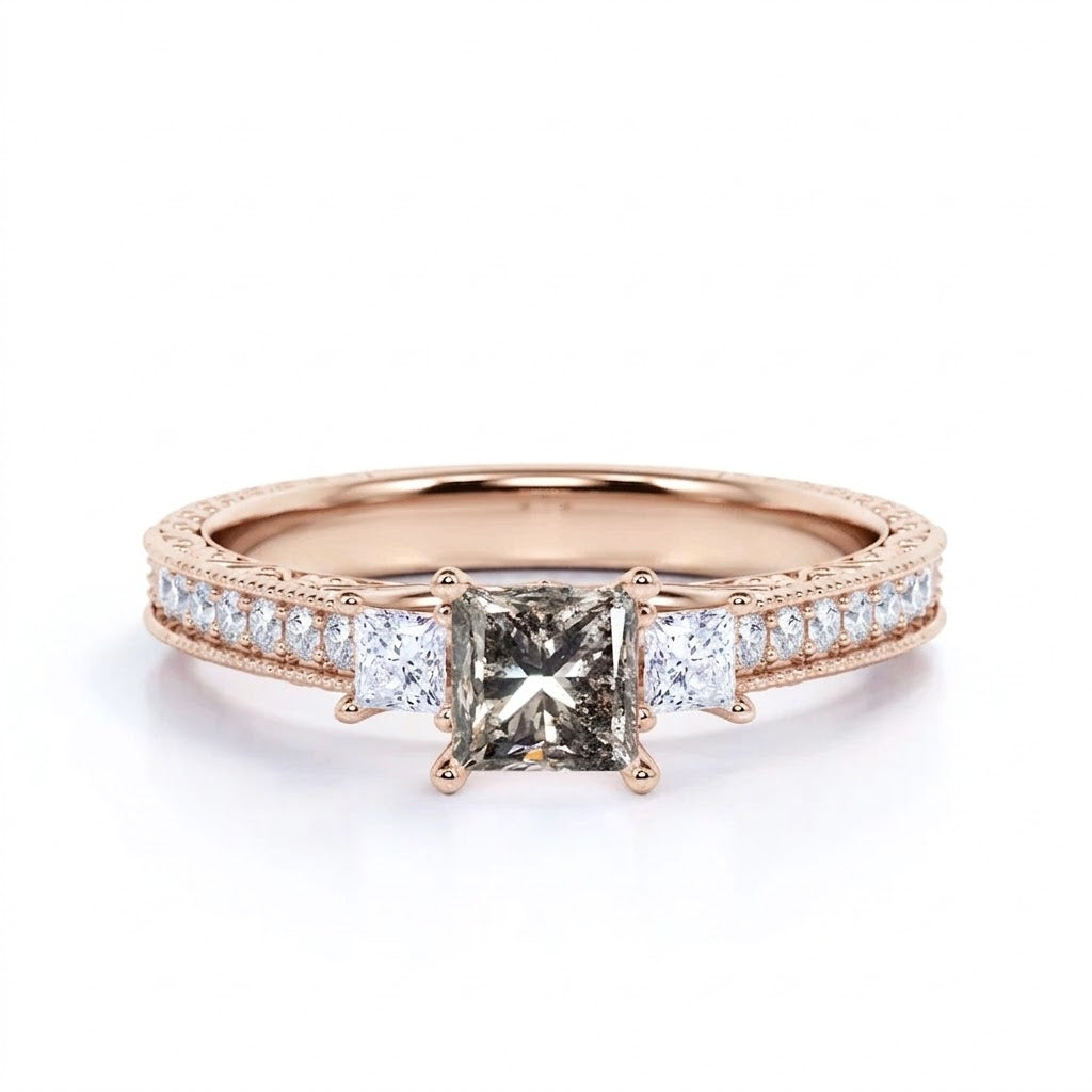 Three Stone 1.25 Ct Princess Salt and Pepper Diamond Engagement Ring