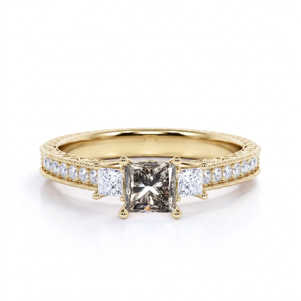 Three Stone 1.25 Ct Princess Salt and Pepper Diamond Engagement Ring