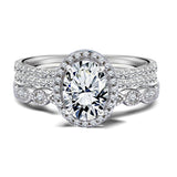 Art Deco 2 Carat Oval cut Real Moissanite Wedding Trio Ring Set with Engagement Ring and 2 Wedding Bands in 18k Gold Over Silver