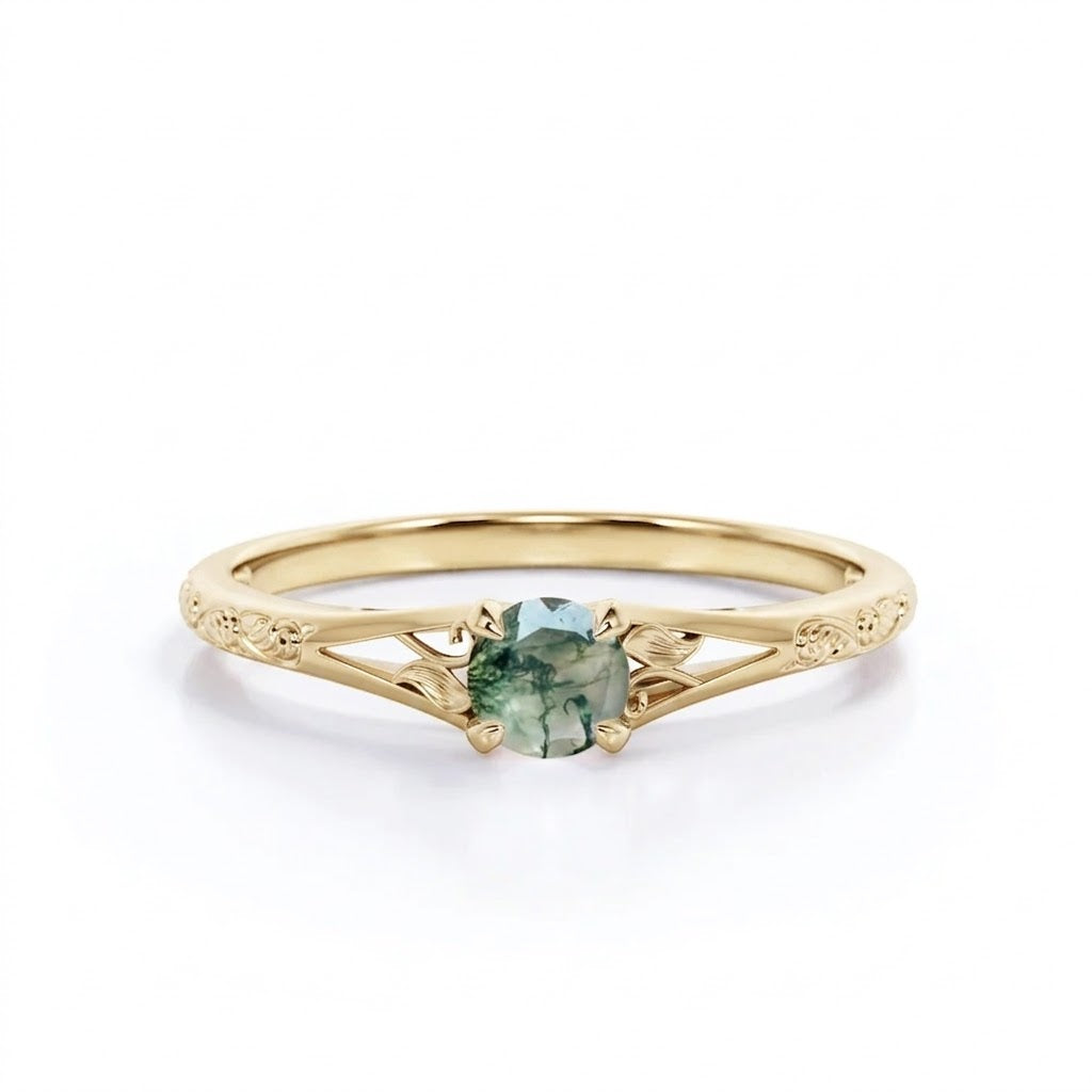 0.33 Ct Round Green Moss Agate Filigree Engagement Ring