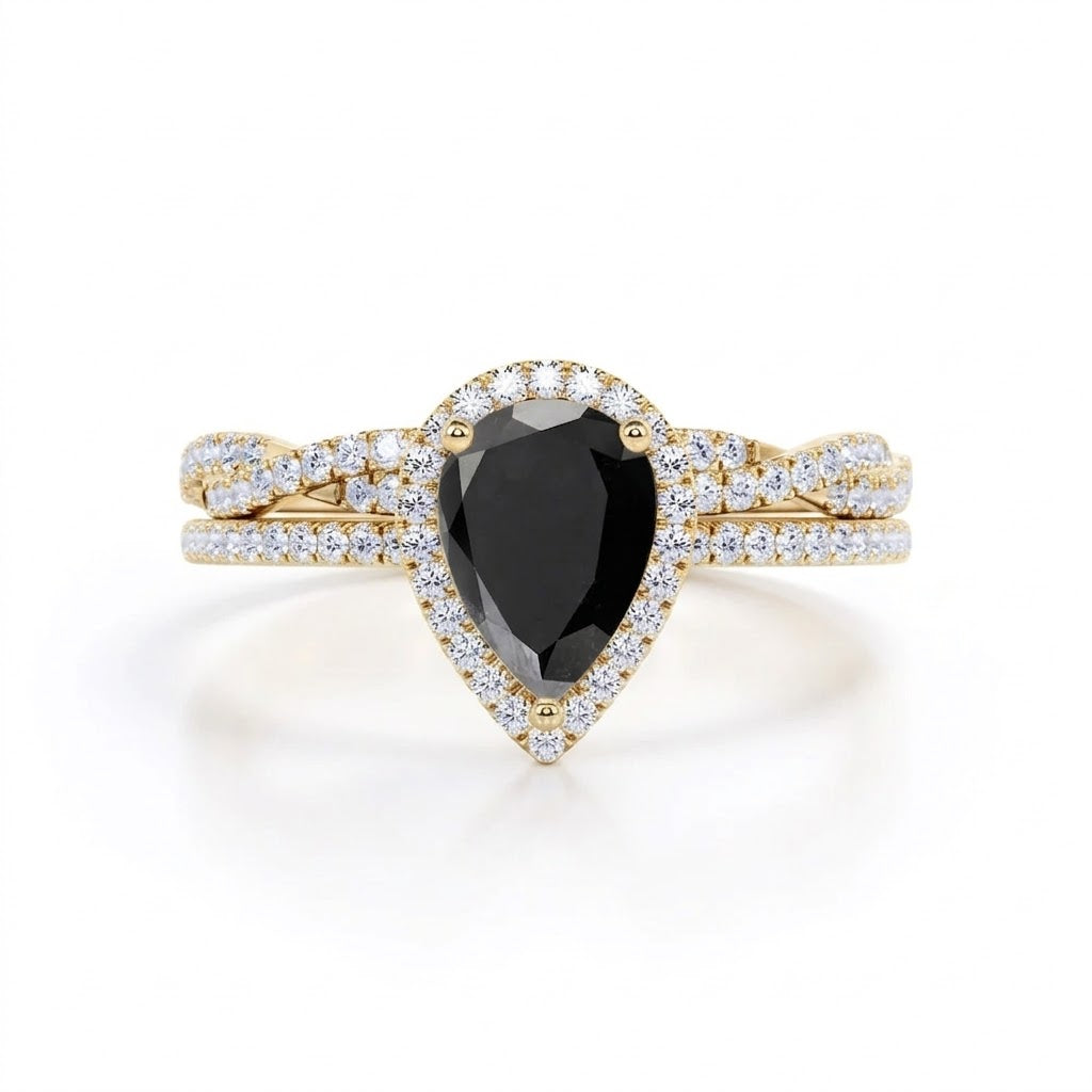 1.50 ct Pear Lab Black Diamond Twisted Wedding Ring Set