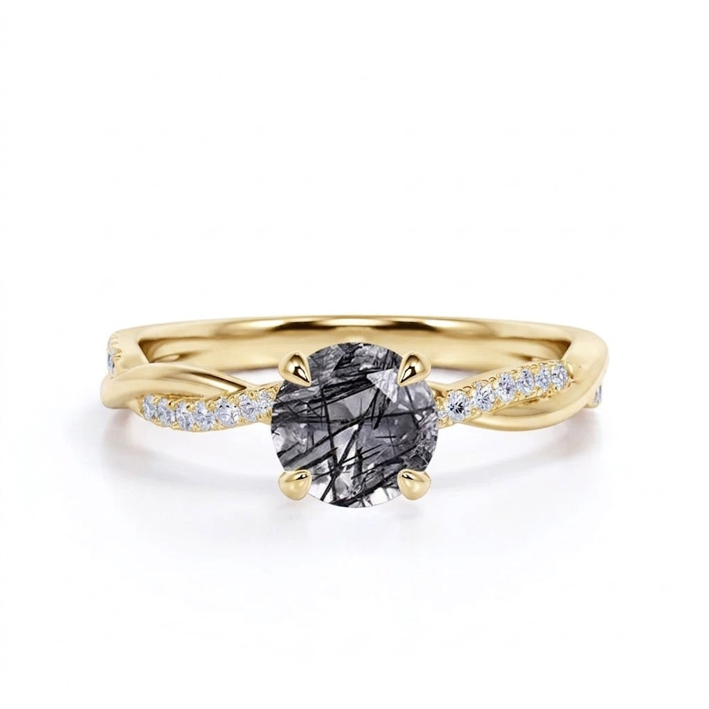1.25 ct Round Black Rutilated Quartz Infinity Pave Engagement Ring