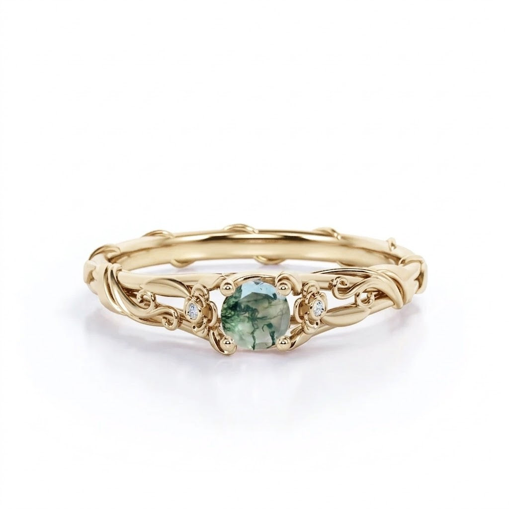 Twig 0.5 Ct Round Cut Green Moss Agate Engagement Ring