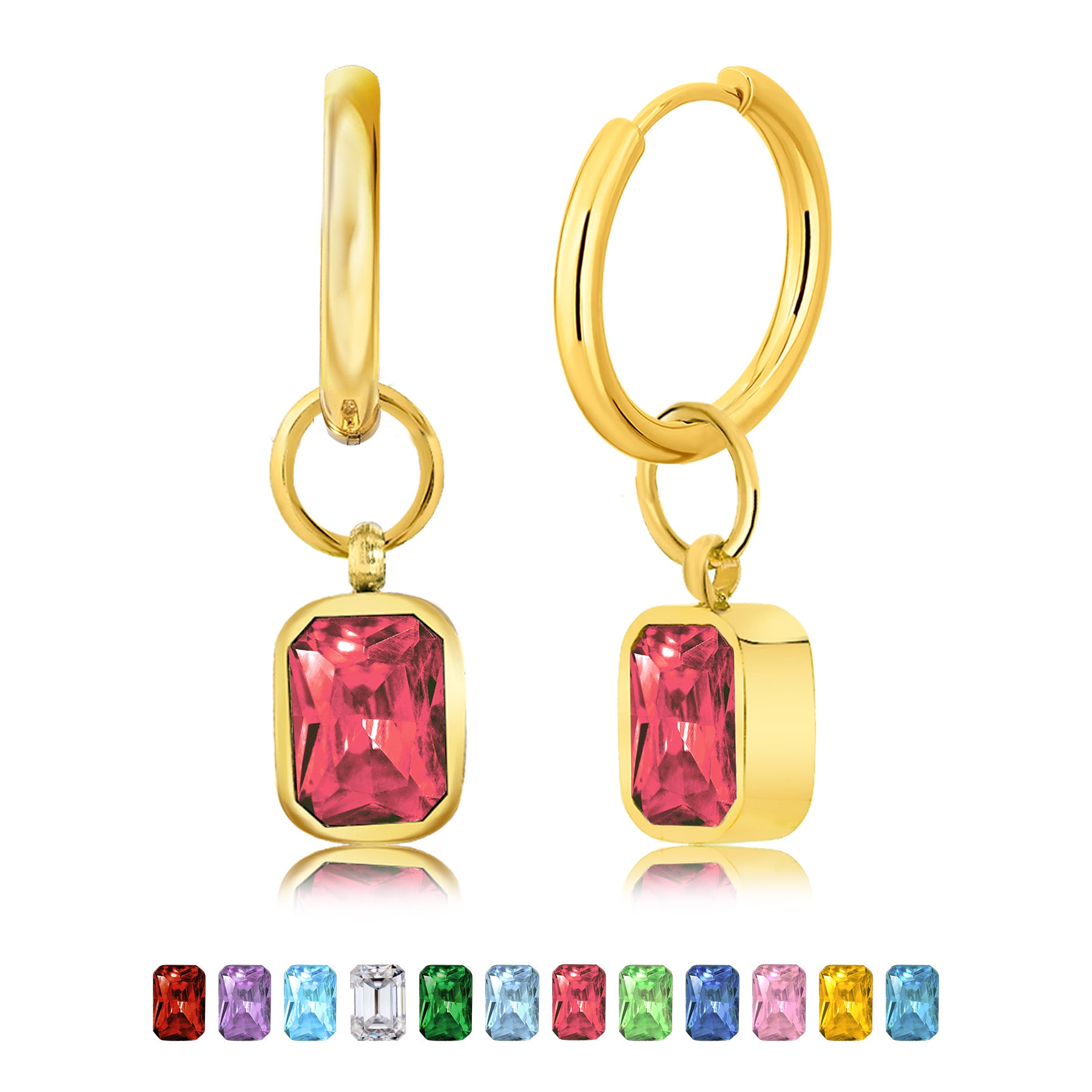 2 Carat Emerald Cut Birthstone Bezel Huggie Hoop Earrings