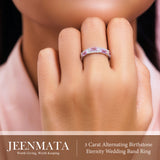 3 Carat Alternating Birthstone Band Ring, Emerald Cut Cubic Zirconia, 18K White Gold Plated, Stackable Wedding Ring for Women