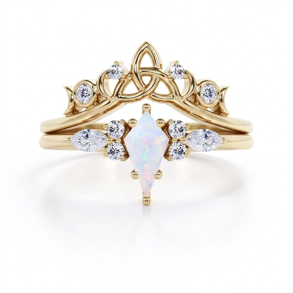 1 Ct Kite Cut Lab Opal Tiara Wedding Ring Set