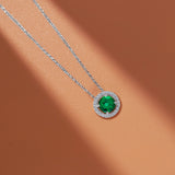 Solitaire 1 Carat Round Cut - Emerald - May Birthstone Halo Pendant Necklace 18k White Gold plating over Silver, Adult, Female