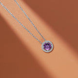 Solitaire 1 Carat Round Cut - Amethyst - February Birthstone Halo Pendant Necklace 18k White Gold plating over Silver, Adult, Female