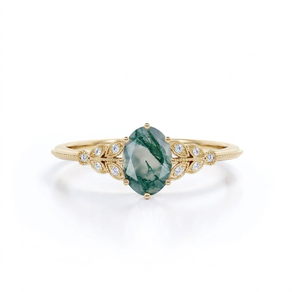 1.25 Carat Oval Moss Agate Leafy Engagement Ring