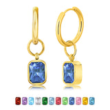 2 Carat Emerald Cut - Blue Sapphire - September Birthstone Bezel Huggie Hoop Earrings - 18K Yellow Gold Plating