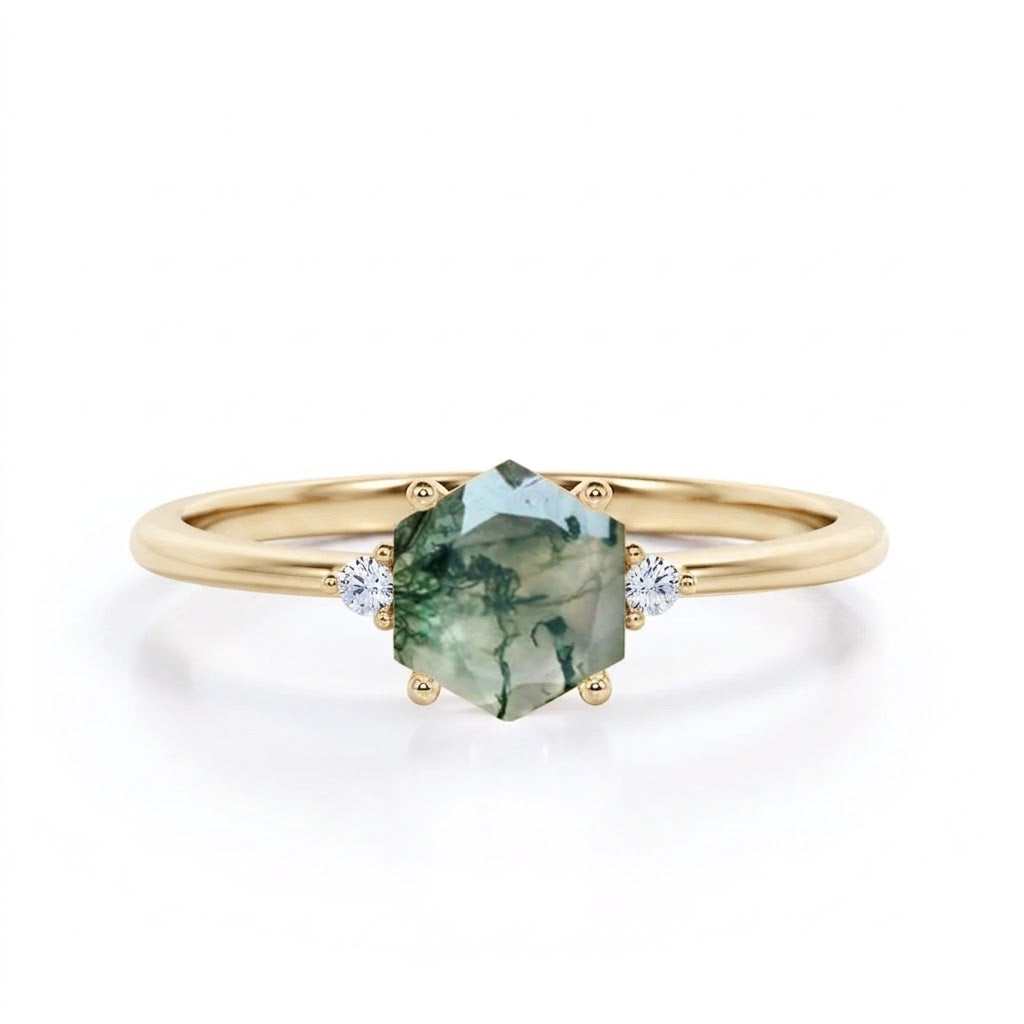 Three Stone 0.55 Ct Hexagon Cut Moss Agate Engagement Ring