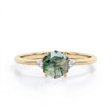 Three Stone 0.55 Ct Hexagon Cut Moss Agate Engagement Ring