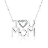 I Love U Mom White Stone Embellished Open Heart Pendant Necklace in 18K White Gold over Silver - April Birthstone - Gift for Mom