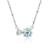 Unique Double Round Cubic Zirconia Aquamarine March Birthstone Pendant Necklace in White Gold Plating over Sterling Silver