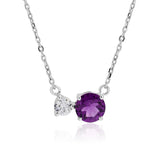 Unique Double Round Cubic Zirconia Amethyst February Birthstone Pendant Necklace in White Gold Plating over Sterling Silver