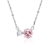 Unique Double Round Cubic Zirconia Pink Tourmaline October Birthstone Pendant Necklace in White Gold Plating over Sterling Silver