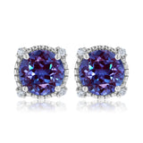 3.5 Carat Round Cut - Alexandrite - June Birthstone Stud Earrings Halo Milgrain in 18K White Gold over Silver