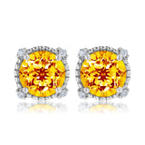 3.5 Carat Round Cut - Citrine - November Birthstone Stud Earrings Halo Milgrain in 18K White Gold over Silver
