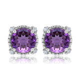 3.5 Carat Round Cut - Amethyst - February Birthstone Stud Earrings Halo Milgrain in 18K White Gold over Silver
