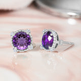 3.5 Carat Round Cut - Amethyst - February Birthstone Stud Earrings Halo Milgrain in 18K White Gold over Silver