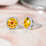 3.5 Carat Round Cut - Citrine - November Birthstone Stud Earrings Halo Milgrain in 18K White Gold over Silver