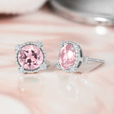 3.5 Carat Round Cut - Pink Tourmaline - October Birthstone Stud Earrings Halo Milgrain in 18K White Gold over Silver