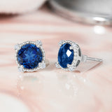 3.5 Carat Round Cut - Blue Sapphire - September Birthstone Stud Earrings Halo Milgrain in 18K White Gold over Silver