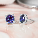 3.5 Carat Round Cut - Alexandrite - June Birthstone Stud Earrings Halo Milgrain in 18K White Gold over Silver