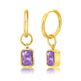 2 Carat Emerald Cut - Amethyst - February Birthstone Bezel Huggie Hoop Earrings - 18K Yellow Gold Plating