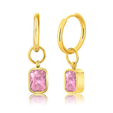 2 Carat Emerald Cut - Pink Tourmaline - October Birthstone Bezel Huggie Hoop Earrings - 18K Yellow Gold Plating