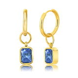 2 Carat Emerald Cut - Blue Sapphire - September Birthstone Bezel Huggie Hoop Earrings - 18K Yellow Gold Plating