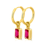 2 Carat Emerald Cut - Ruby - July Birthstone Bezel Huggie Hoop Earrings - 18K Yellow Gold Plating