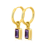 2 Carat Emerald Cut - Amethyst - February Birthstone Bezel Huggie Hoop Earrings - 18K Yellow Gold Plating