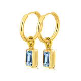 2 Carat Emerald Cut - Aquamarine - March Birthstone Bezel Huggie Hoop Earrings - 18K Yellow Gold Plating