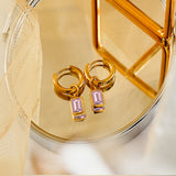 2 Carat Emerald Cut - Pink Tourmaline - October Birthstone Bezel Huggie Hoop Earrings - 18K Yellow Gold Plating