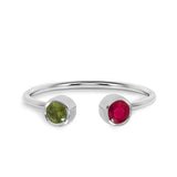 Free Size 2-stone Custom Birthstone Bezel open ring for women in 18k white gold over silver