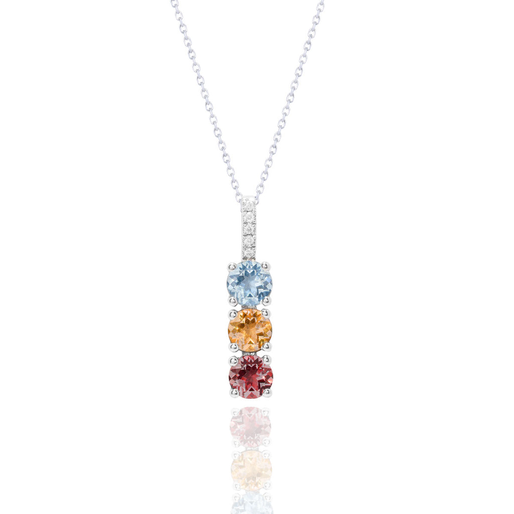 Perfect Vertical Multi Birthstone and Moissanite Bar Pendant Necklace for women in 18k white gold over silver