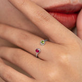 Free Size 2-stone Custom Birthstone Bezel open ring for women in 18k white gold over silver