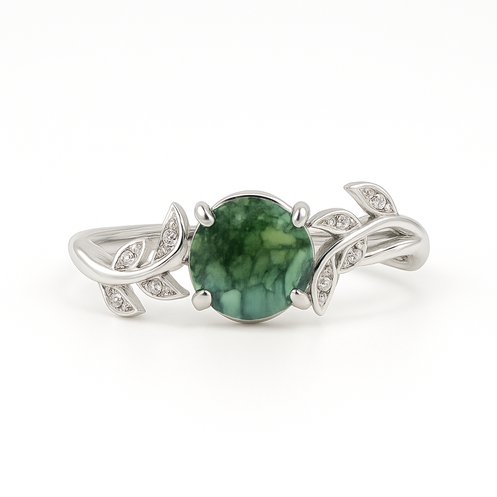 Vine Design 1.05 ct Green Moss Agate Leaf Engagement Ring
