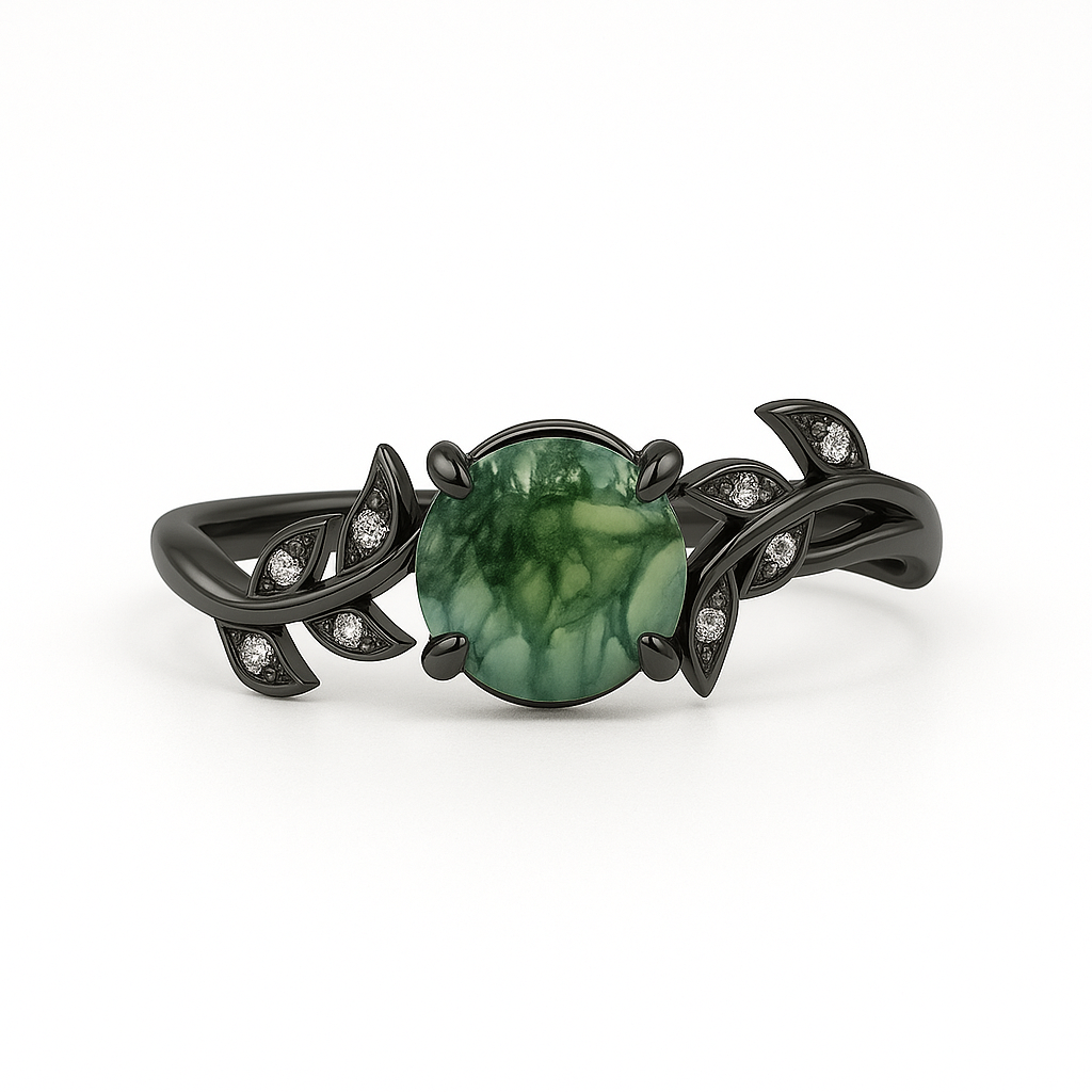 Vine Design 1.05 ct Green Moss Agate Leaf Engagement Ring