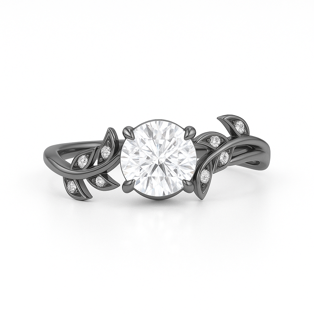 Vine Design 1.05 ct Round Moissanite Leaf Engagement Ring