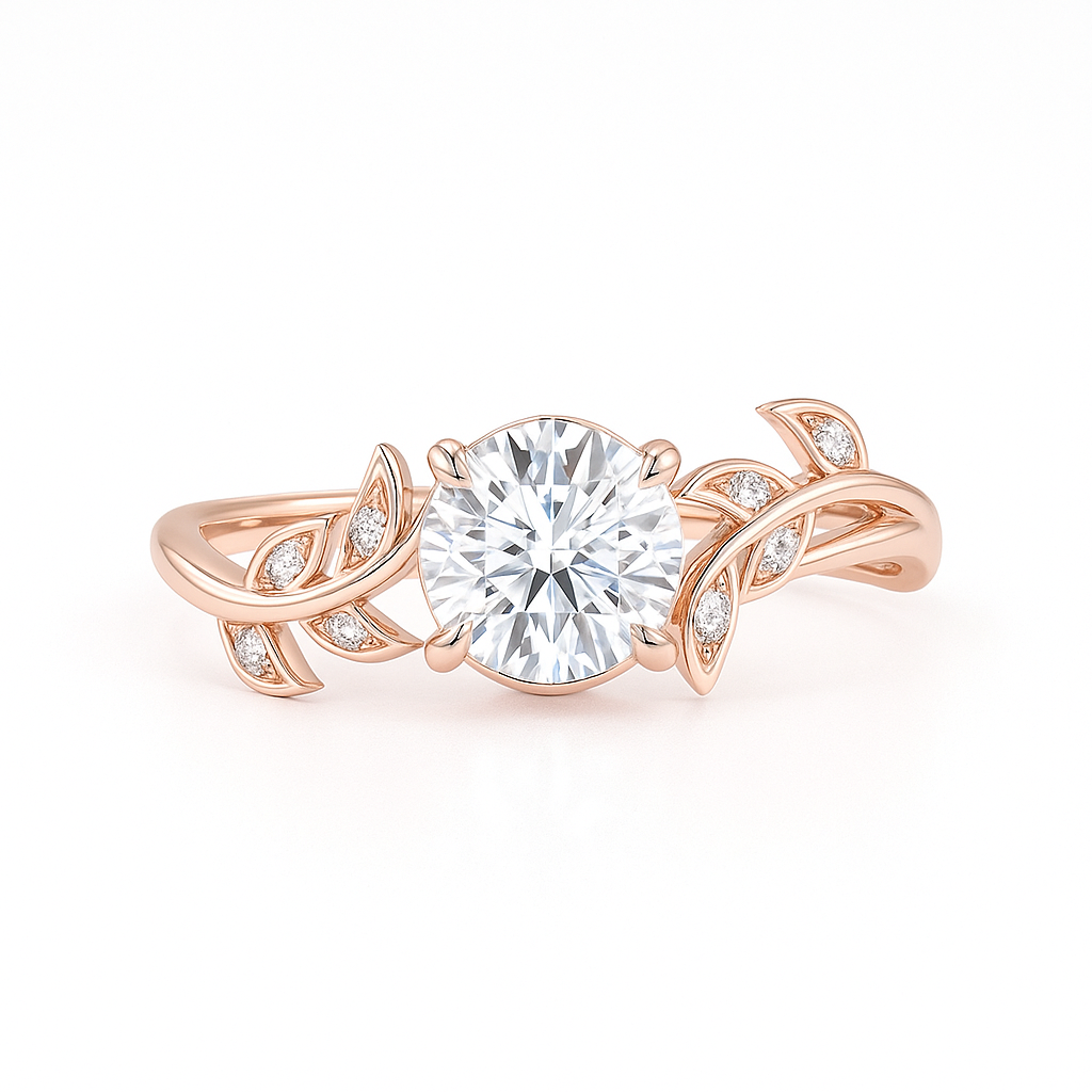 Vine Design 1.05 ct Round Moissanite Leaf Engagement Ring