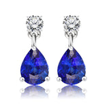 Classic 2.5 Carat Round and Pear Cut Dangle - Blue Sapphire - September Birthstone Earrings in 18k White Gold over Silver, Women