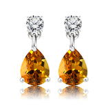 Classic 2.5 Carat Round and Pear Cut Dangle - Citrine - November Birthstone Earrings in 18k White Gold over Silver, Women