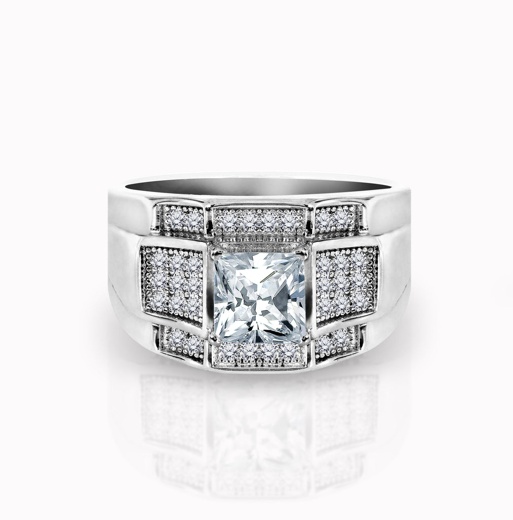 Modern 1.5 Carat Princess Cut Moissanite Triple Layered Milgrain Wedding Band Ring in 18K White Gold over Silver.