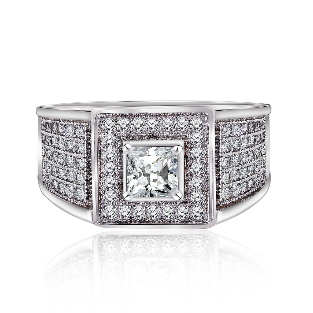 Classic 1.2 Carat Princess Cut Halo Clustered Bordered Moissanite Men's Wedding Ring Band in 18K White Gold over Silver