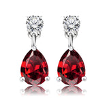 Classic 2.5 Carat Round and Pear Cut Dangle - Garnet - January Birthstone Earrings in 18k White Gold over Silver, Women