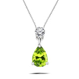 Classic 2 Carat Round and Pear Cut Dangle - Peridot - August Birthstone Pendant Necklace in 18k White Gold over Silver, Women
